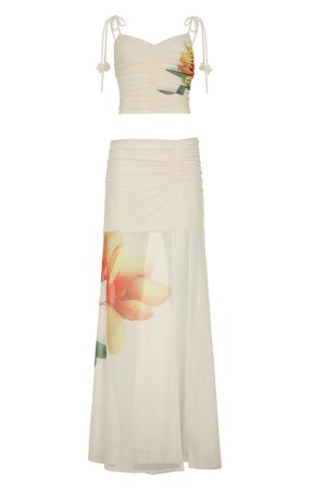 European and American Vacation Style Plant Print Two-Piece Set with Pleated Tie-Back Tank Top and Low-Waist Long Skirt