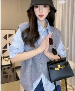 European Style Autumn Irregular Design Knitted Vest & Long Sleeve Striped Shirt Two-Piece Set - Chic Layering Fashion