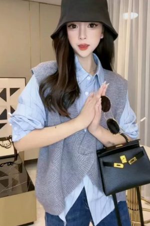 European Style Autumn Irregular Design Knitted Vest & Long Sleeve Striped Shirt Two-Piece Set - Chic Layering Fashion