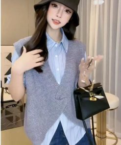 European Style Autumn Irregular Design Knitted Vest & Long Sleeve Striped Shirt Two-Piece Set - Chic Layering Fashion