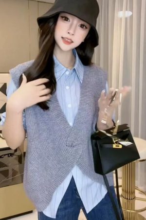 European Style Autumn Irregular Design Knitted Vest & Long Sleeve Striped Shirt Two-Piece Set - Chic Layering Fashion
