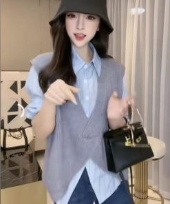 European Style Autumn Irregular Design Knitted Vest & Long Sleeve Striped Shirt Two-Piece Set - Chic Layering Fashion