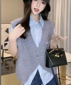 European Style Autumn Irregular Design Knitted Vest & Long Sleeve Striped Shirt Two-Piece Set - Chic Layering Fashion