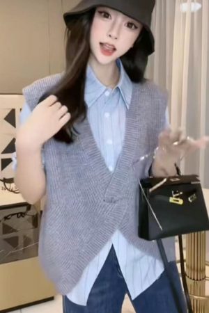 European Style Autumn Irregular Design Knitted Vest & Long Sleeve Striped Shirt Two-Piece Set - Chic Layering Fashion