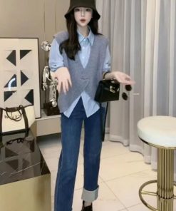 European Style Autumn Irregular Design Knitted Vest & Long Sleeve Striped Shirt Two-Piece Set - Chic Layering Fashion