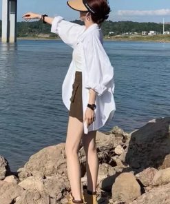 European Style White Long Sleeve Shirt for Women - Thin Casual Korean Version, Washed Cotton Spring Summer Jacket Top