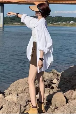 European Style White Long Sleeve Shirt for Women - Thin Casual Korean Version, Washed Cotton Spring Summer Jacket Top