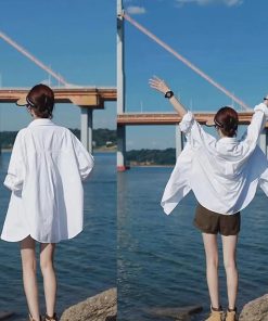 European Style White Long Sleeve Shirt for Women - Thin Casual Korean Version, Washed Cotton Spring Summer Jacket Top