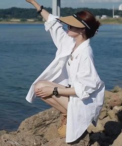 European Style White Long Sleeve Shirt for Women - Thin Casual Korean Version, Washed Cotton Spring Summer Jacket Top