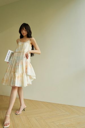 Evening Smoke Gradient Oil Painting Print Slip Dress â€“ Loose Fit Vacation Dress for Young Looks â€“ Trendy Summer Fashion