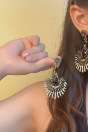 Exaggerated Black and Gold Sunflower Crystal Tassel Earrings - Elegant Two-Color Accessories for 2025 Y2K and European Style