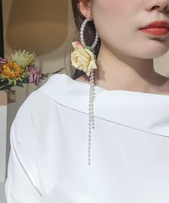 Exaggerated Floral Tassel Earrings for Women - Summer Rose Flower Drop Earrings with Pearl Accents, Trendy Fairy Style