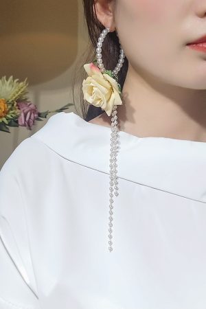 Exaggerated Floral Tassel Earrings for Women - Summer Rose Flower Drop Earrings with Pearl Accents, Trendy Fairy Style
