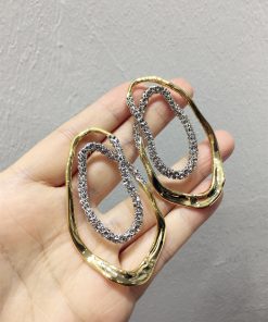 Exaggerated Geometric Earrings for Slim Faces, Color-Blocking Gold and Silver, Irregular Oval Design, Trendy European and American Style