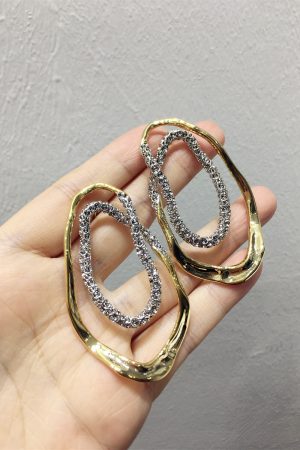 Exaggerated Geometric Earrings for Slim Faces, Color-Blocking Gold and Silver, Irregular Oval Design, Trendy European and American Style