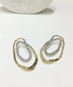 Exaggerated Geometric Earrings for Slim Faces, Color-Blocking Gold and Silver, Irregular Oval Design, Trendy European and American Style