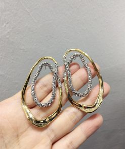 Exaggerated Geometric Earrings for Slim Faces, Color-Blocking Gold and Silver, Irregular Oval Design, Trendy European and American Style