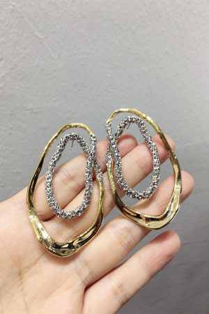 Exaggerated Geometric Earrings for Slim Faces, Color-Blocking Gold and Silver, Irregular Oval Design, Trendy European and American Style
