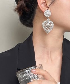 Exaggerated Heart-Shaped Drop Earrings for Women, Silver Pearl Studs, Trendy Korean & Japanese Accessories for 2025