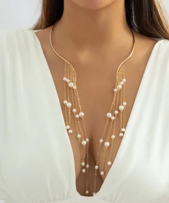 Exaggerated Long Tassel Punk Choker Necklace with Imitation Pearls - European and American Fashion Statement Jewelry