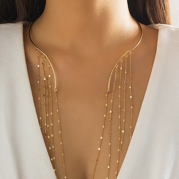 Exaggerated Long Tassel Punk Choker Necklace with Imitation Pearls - European and American Fashion Statement Jewelry