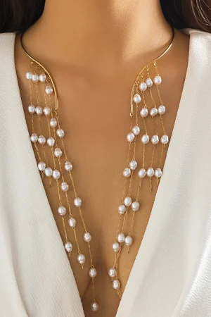 Exaggerated Long Tassel Punk Choker Necklace with Imitation Pearls - European and American Fashion Statement Jewelry