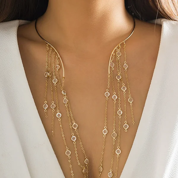 Exaggerated Long Tassel Punk Choker Necklace with Imitation Pearls - European and American Fashion Statement Jewelry