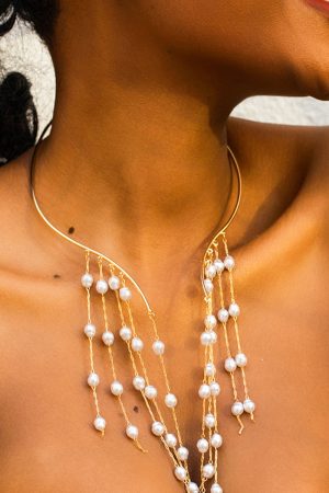 Exaggerated Long Tassel Punk Choker Necklace with Imitation Pearls - European and American Fashion Statement Jewelry