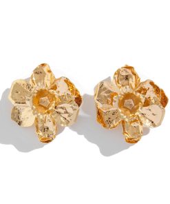Exaggerated Metal Flower Earrings - 3D Pleated Floral Design, European and American Fashion Statement Jewelry