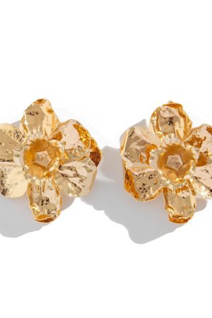Exaggerated Metal Flower Earrings - 3D Pleated Floral Design, European and American Fashion Statement Jewelry