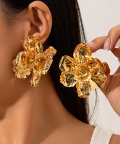 Exaggerated Metal Flower Earrings - 3D Pleated Floral Design, European and American Fashion Statement Jewelry