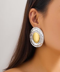Exaggerated Oval Shiny Metal Earrings - Retro Geometric Style for Women, Chic European and American Fashion Jewelry