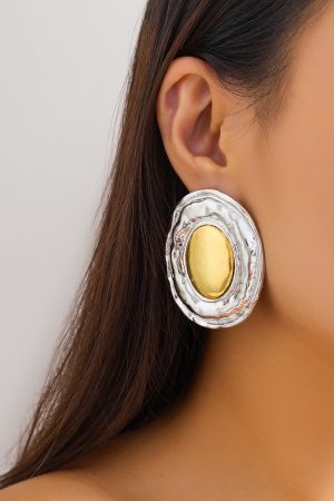 Exaggerated Oval Shiny Metal Earrings - Retro Geometric Style for Women, Chic European and American Fashion Jewelry