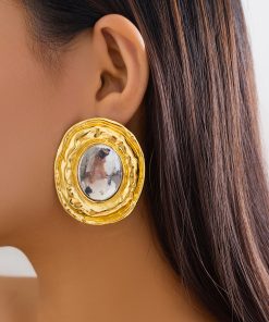 Exaggerated Oval Shiny Metal Earrings - Retro Geometric Style for Women, Chic European and American Fashion Jewelry
