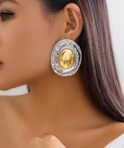 Exaggerated Oval Shiny Metal Earrings - Retro Geometric Style for Women, Chic European and American Fashion Jewelry