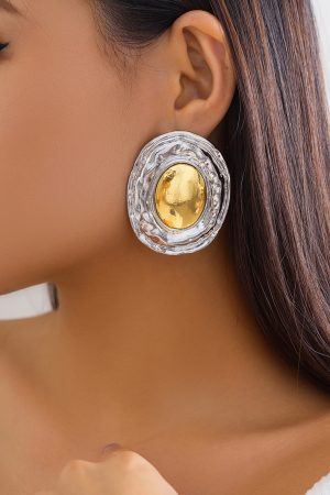 Exaggerated Oval Shiny Metal Earrings - Retro Geometric Style for Women, Chic European and American Fashion Jewelry