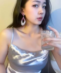 Exaggerated Pink and Green Two-Color Crystal Inlaid Silver-Plated Earrings for a Chic European American Style - Autumn/Winter 2025