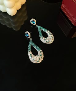 Exaggerated Pink and Green Two-Color Crystal Inlaid Silver-Plated Earrings for a Chic European American Style - Autumn/Winter 2025
