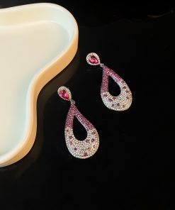 Exaggerated Pink and Green Two-Color Crystal Inlaid Silver-Plated Earrings for a Chic European American Style - Autumn/Winter 2025