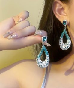 Exaggerated Pink and Green Two-Color Crystal Inlaid Silver-Plated Earrings for a Chic European American Style - Autumn/Winter 2025