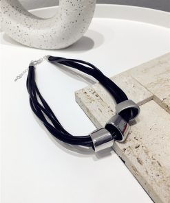 Exaggerated Punk Multi-Layer PU Leather Necklace - Matte & Glossy Geometric Clavicle Chain Accessory for Stylish Looks