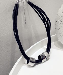 Exaggerated Punk Multi-Layer PU Leather Necklace - Matte & Glossy Geometric Clavicle Chain Accessory for Stylish Looks