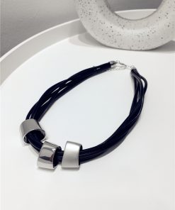 Exaggerated Punk Multi-Layer PU Leather Necklace - Matte & Glossy Geometric Clavicle Chain Accessory for Stylish Looks