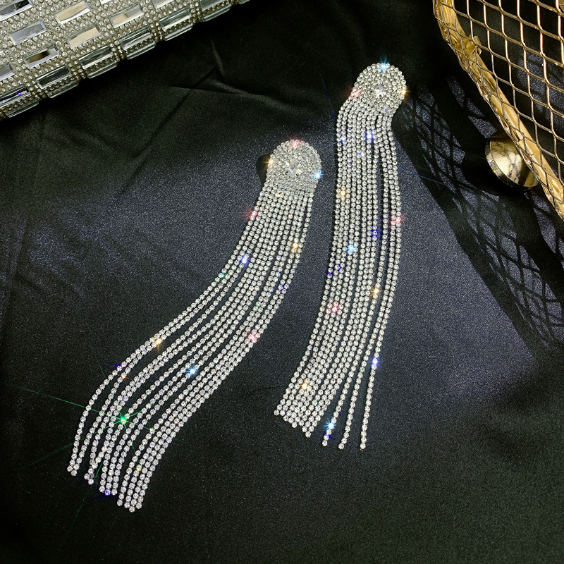 Exaggerated Rhinestone Tassel Long Earrings for Women - Trendy 2025 Drop Earrings - Fashionable European American Ear Accessories Exaggerated Rhinestone Tassel Long Earrings for Women - Trendy 2025 Drop Earrings - Fashionable European American Ear Accessories
