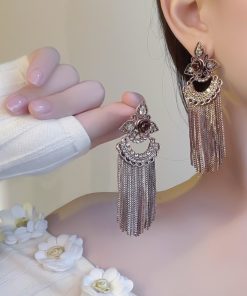 Exaggerated Vintage Tassel Earrings with Antique Bronze and Crystal Inlay â€“ Elegant Face-Slimming Design for 2025 Fashion Trends