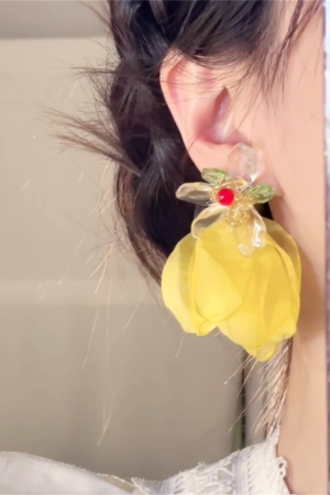 Exaggerated Yellow Flower Stud Earrings - Qi Wei Style, Unique Personality Jewelry for Vacation and Travel 2025
