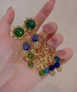 Exotic Vintage Turquoise Green Gemstone Crystal Earrings - Oversized Ethnic Statement Travel Jewelry