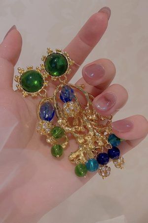 Exotic Vintage Turquoise Green Gemstone Crystal Earrings - Oversized Ethnic Statement Travel Jewelry