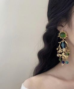 Exotic Vintage Turquoise Green Gemstone Crystal Earrings - Oversized Ethnic Statement Travel Jewelry