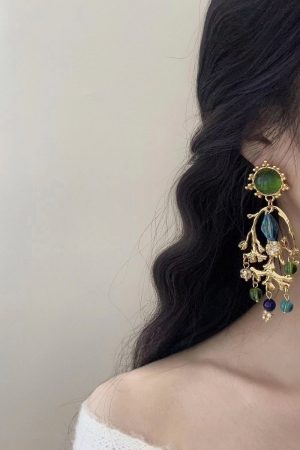 Exotic Vintage Turquoise Green Gemstone Crystal Earrings - Oversized Ethnic Statement Travel Jewelry